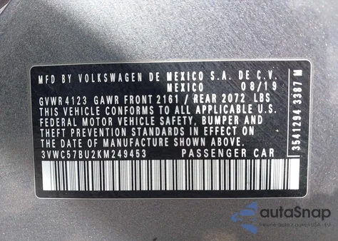 2019 Volkswagen Jetta 1.4T R-Line/1.4T S/1.4T Se z USA, uszkodzony, nr VIN 3VWC57BU2KM249453